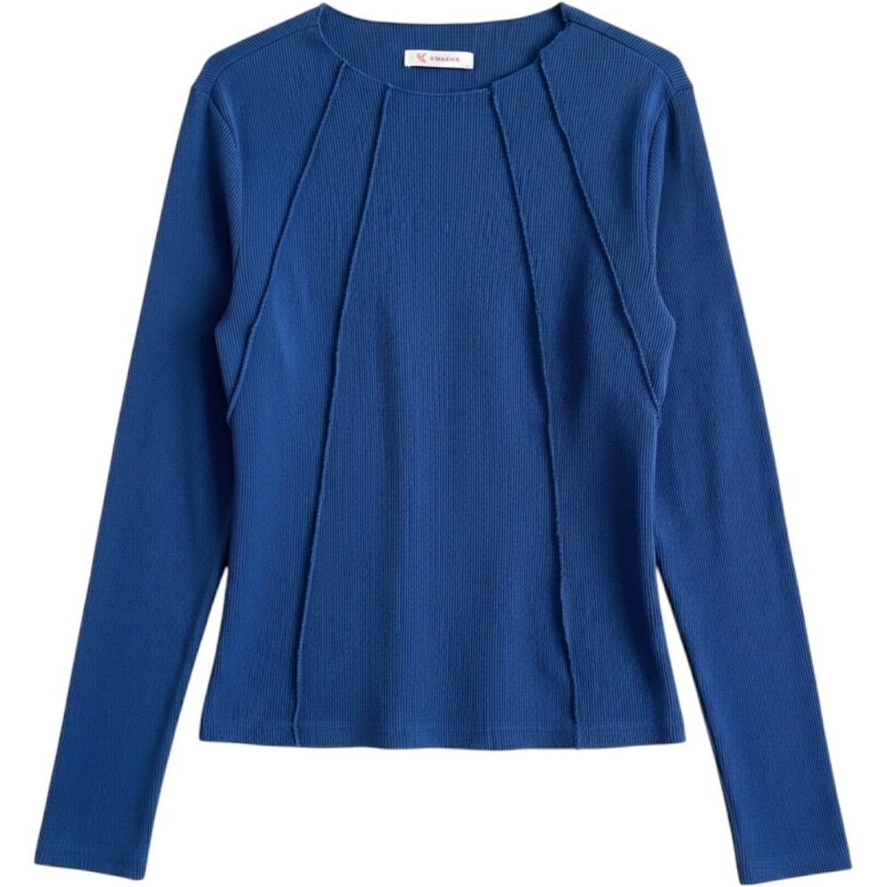 KIRUNDO Ribbed Long Sleeve Top Womens Large Blue Good Exposed Seam Raw Edge